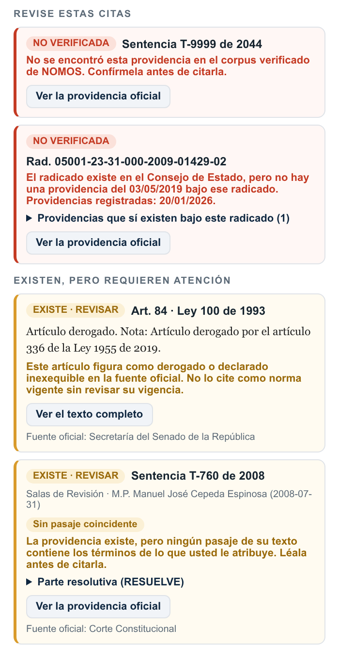 Panel de NOMOS en Word con citas verificadas en verde, ámbar y rojo